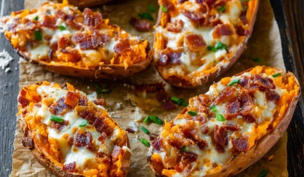 Loaded Sweet Potato Skins served on a rustic plate