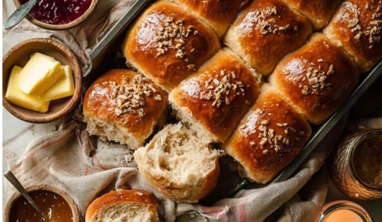 Oatmeal Molasses Dinner Rolls served warm in a rustic bread basket