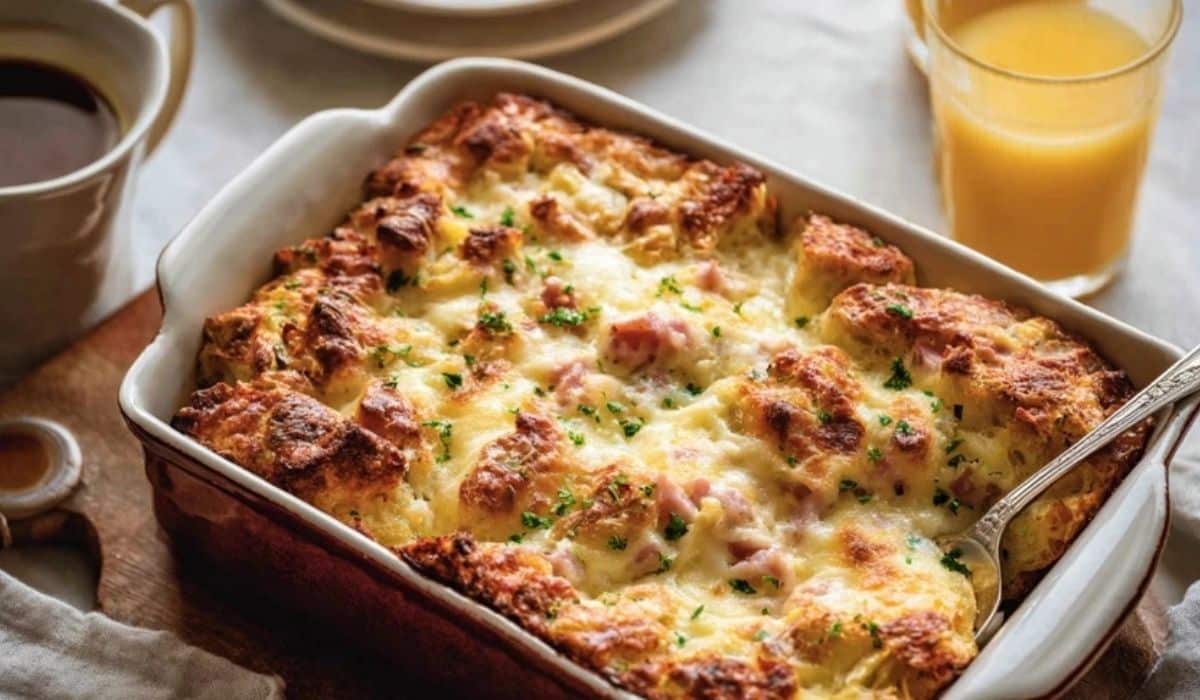 Overnight Ham & Swiss Cheese Strata served golden brown in rustic dish