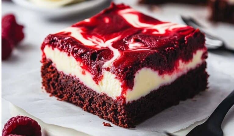 Red velvet cheesecake swirl brownies served on a marble tray