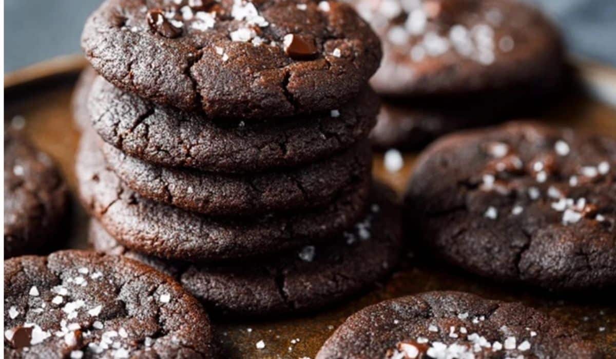 Salted dark chocolate cookies stacked on rustic plate