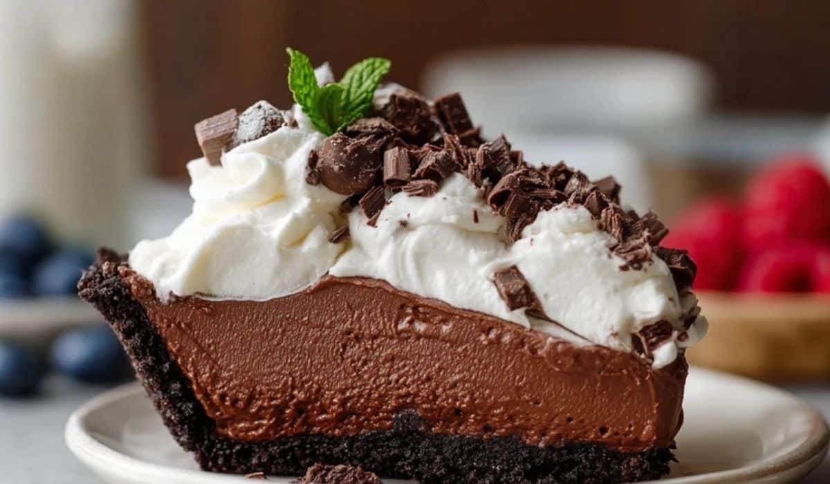 Sky-High Chocolate Mousse Pie elegantly served with tall layers