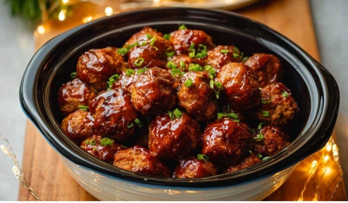 Slow Cooker BBQ Meatballs served in a rustic bowl