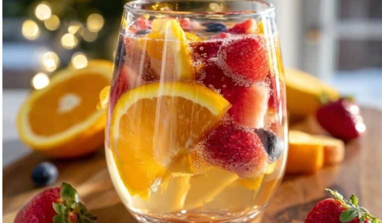 Sparkling Champagne Sangria served in a clear pitcher for brunch