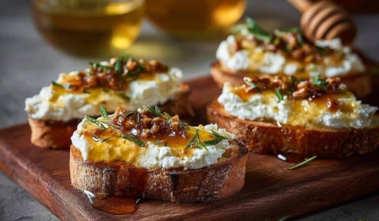Spicy Honey Drizzled Feta Crostini Delight served on marble platter