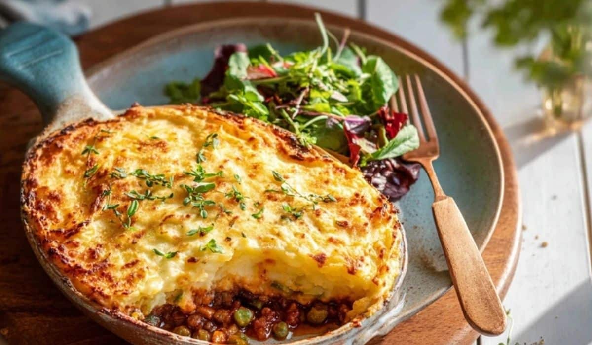 Vegetarian Shepherd’s Pie served hot on a rustic plate