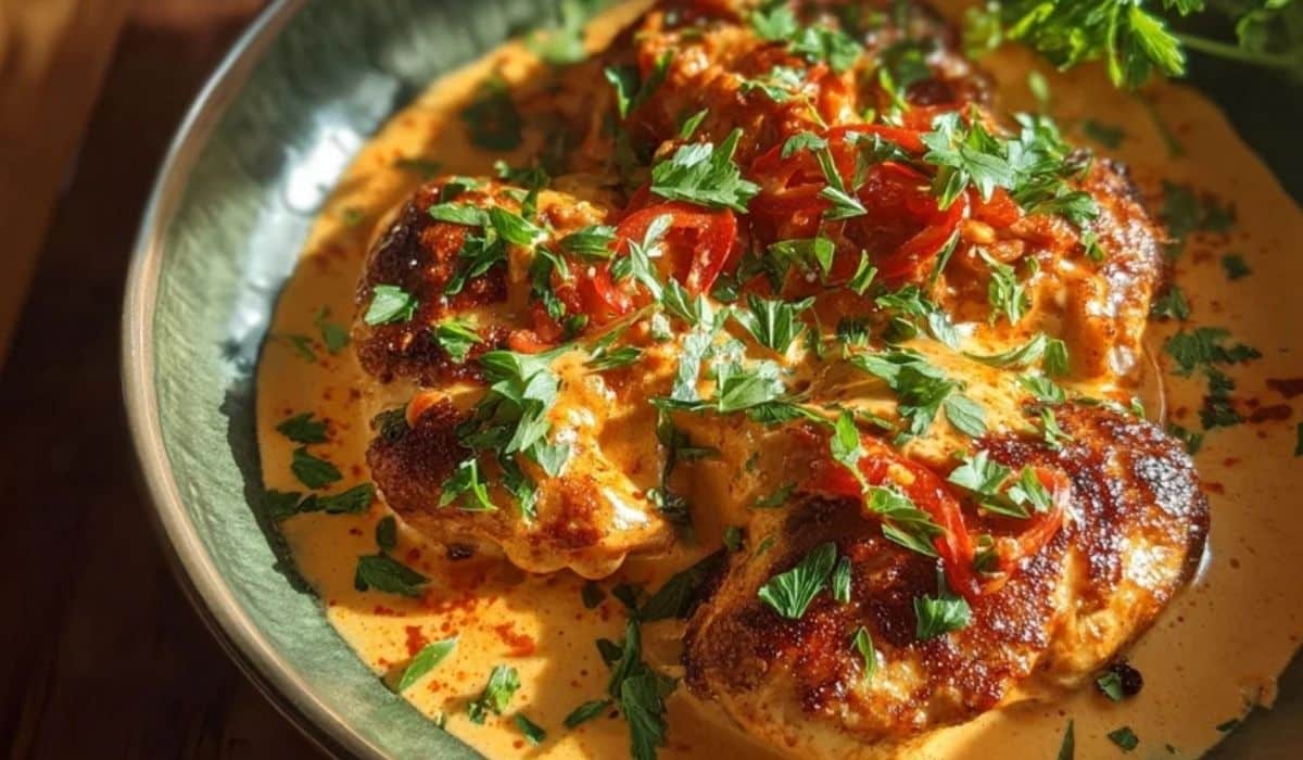 Chicken Diablo served on a rustic plate with creamy spicy sauce