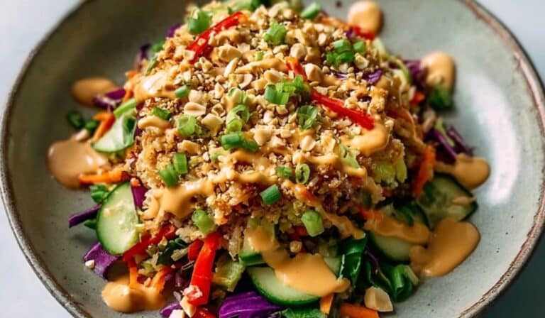 Asian Crispy Rice Salad With Peanut Sesame Dressing served fresh on a plate