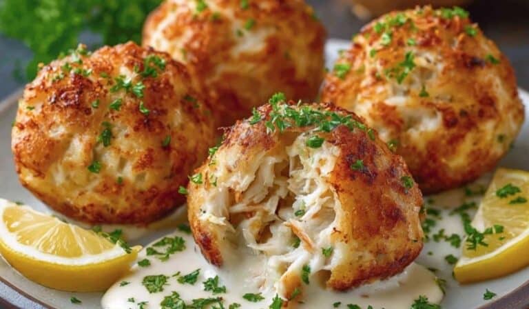 Baked Crab Bombs served with lemon and dipping sauces on rustic plate