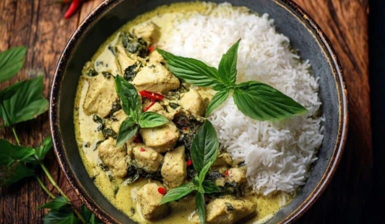 Basil Chicken with Coconut Curry Sauce served over jasmine rice