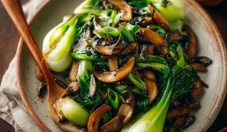 Featured Bok Choy and Mushroom Stir Fry in white bowl