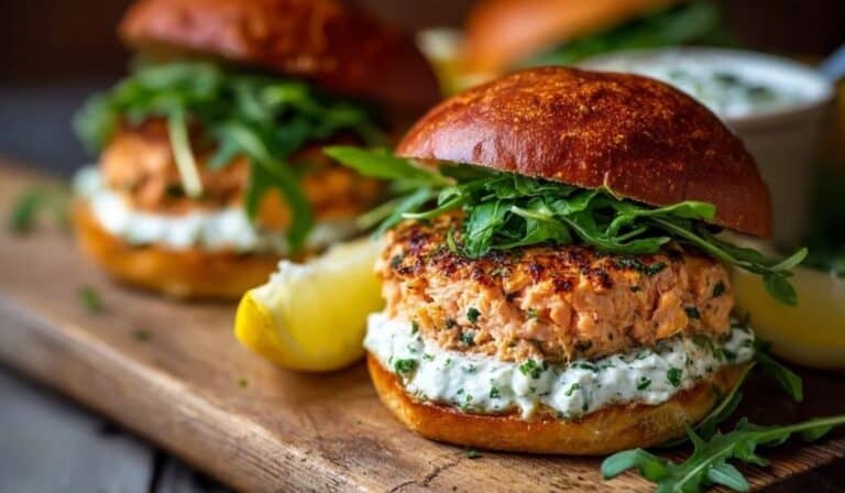 Canned Salmon Burgers served on a bun with greens and lemon