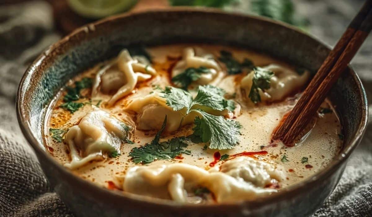 Cozy Thai Potsticker Soup served hot in white ceramic bowl