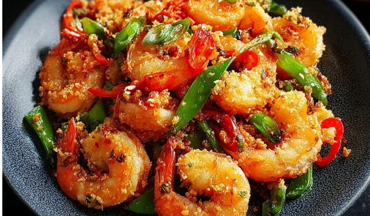 Crispy Chinese Salt and Pepper Prawns served with chilies and scallions