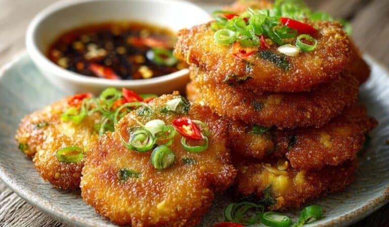 Crispy Chinese Shrimp Cakes served on a plate with dipping sauces