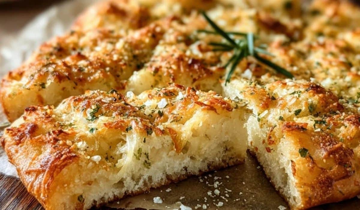 Crispy and Cheesy Garlic Parmesan Focaccia Bread served on wooden board