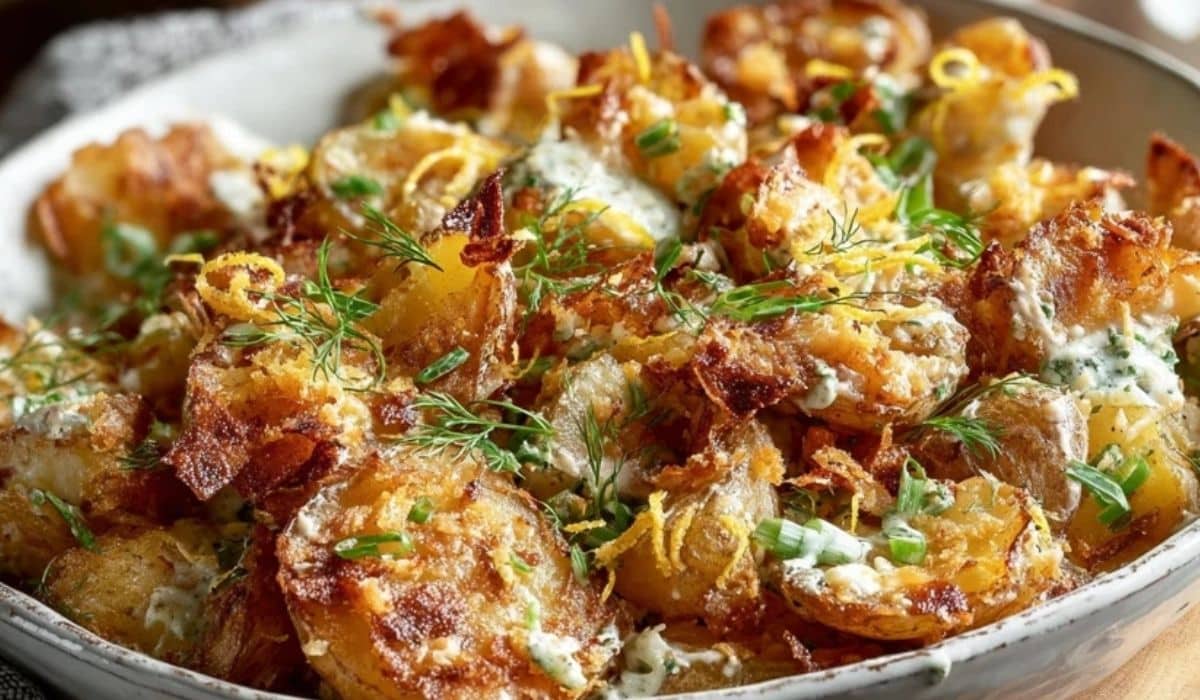 Crispy Smashed Potato Salad served in a rustic bowl with herbs