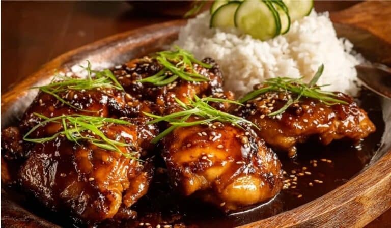 Hawaiian Shoyu Chicken plated with rice and garnishes