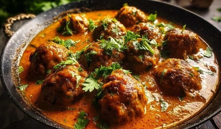 Indian Meatballs in Curry Sauce served in ceramic bowl with garnish