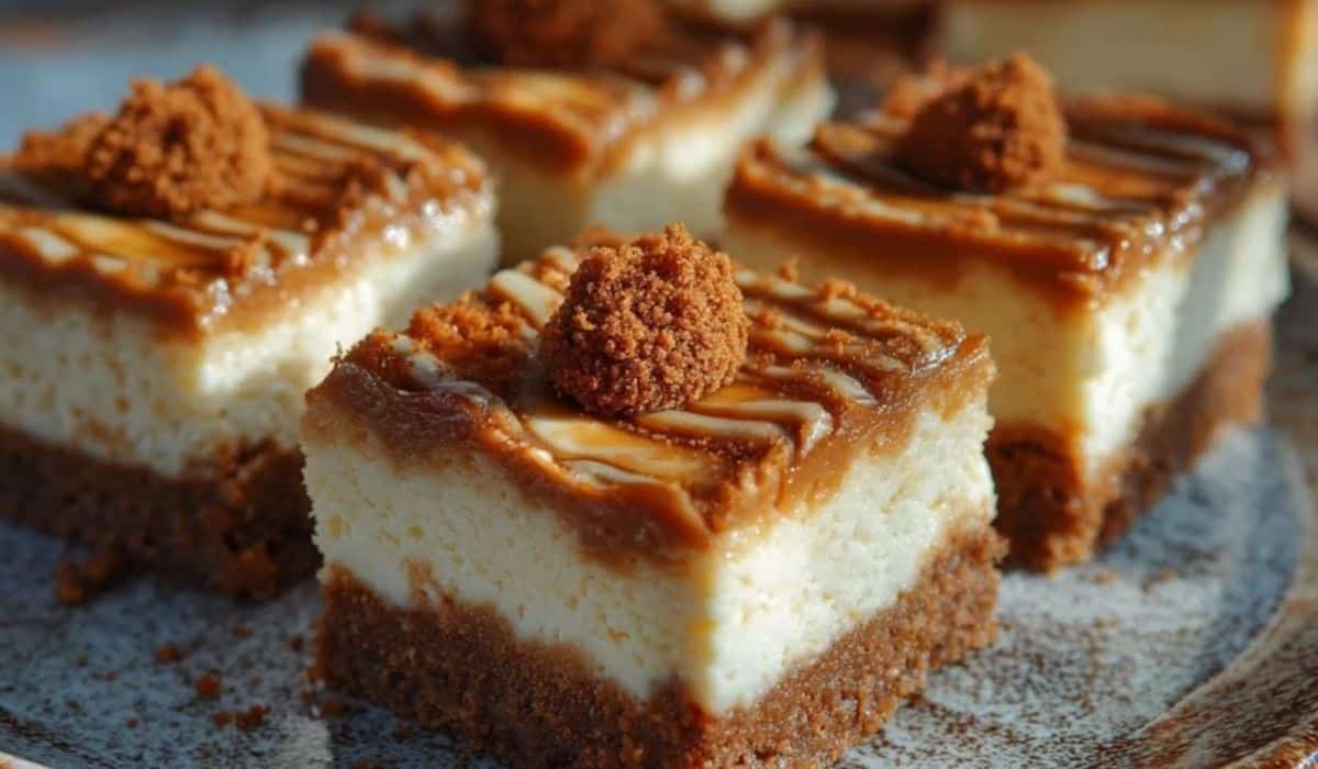 Irresistible Biscoff Cheesecake Bars served on a rustic plate