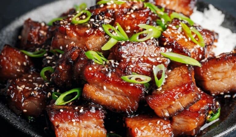 Korean pork belly with sweet soy glaze served on a ceramic plate