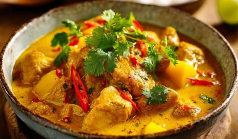 Mango Chicken Curry served in a rustic bowl