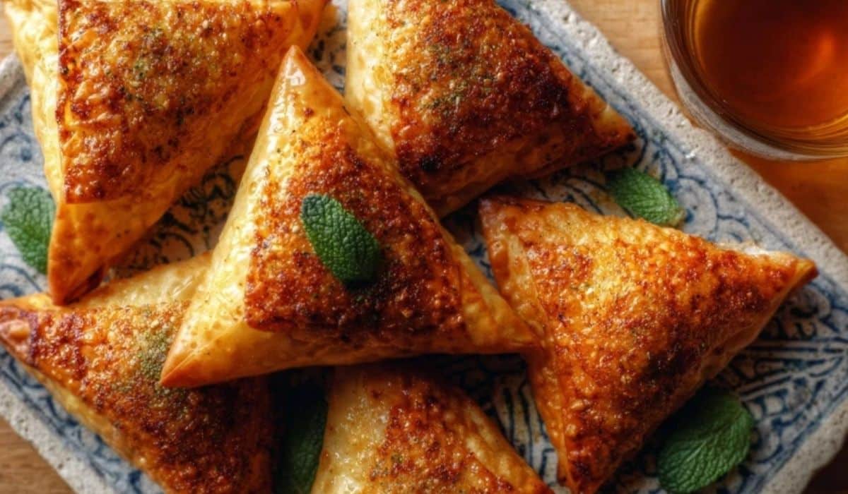 Moroccan Spiced Chicken Briouats served on a traditional Moroccan plate