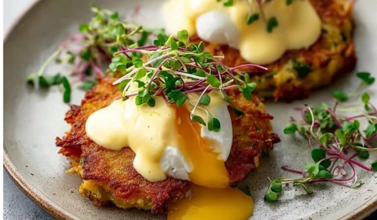 Mouthwatering Latke Eggs Benedict served with hollandaise