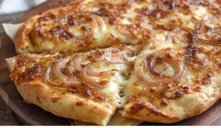 Savory Tennessee Onion Pizza on rustic wooden board
