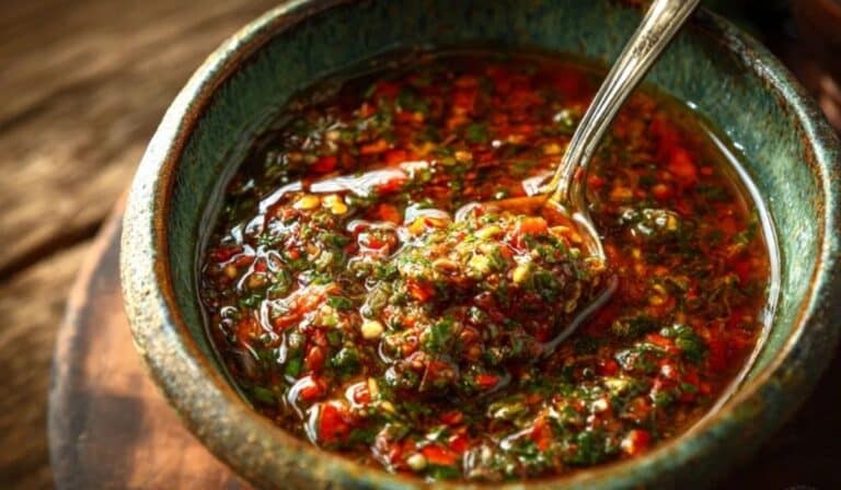 Smoky Red Chimichurri Sauce served on grilled steak