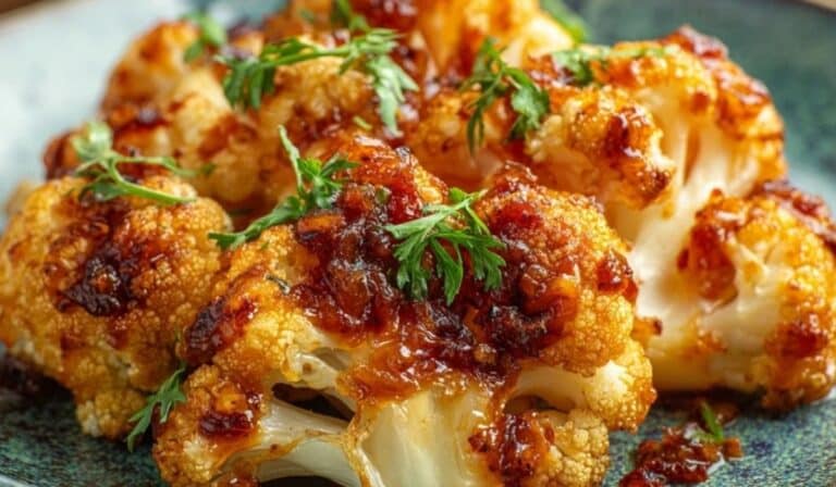 Sweet and Spicy Baked Cauliflower on a serving plate