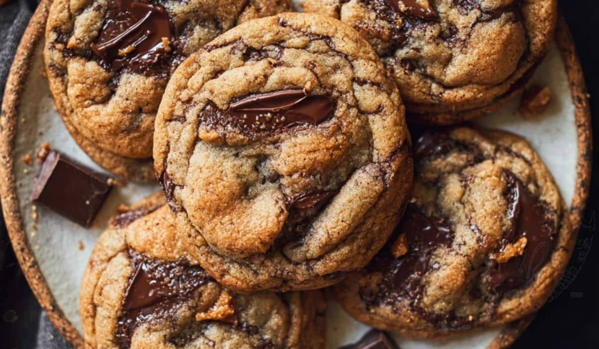 Ultimate Chocolate Chip Cookies with Browned Butter and Toffee served on rustic plate