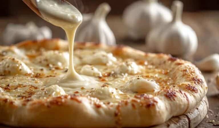White garlic pizza sauce on artisan pizza