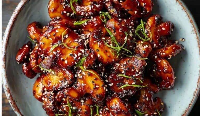 Gochujang Mushrooms served in a ceramic bowl with sesame and scallions