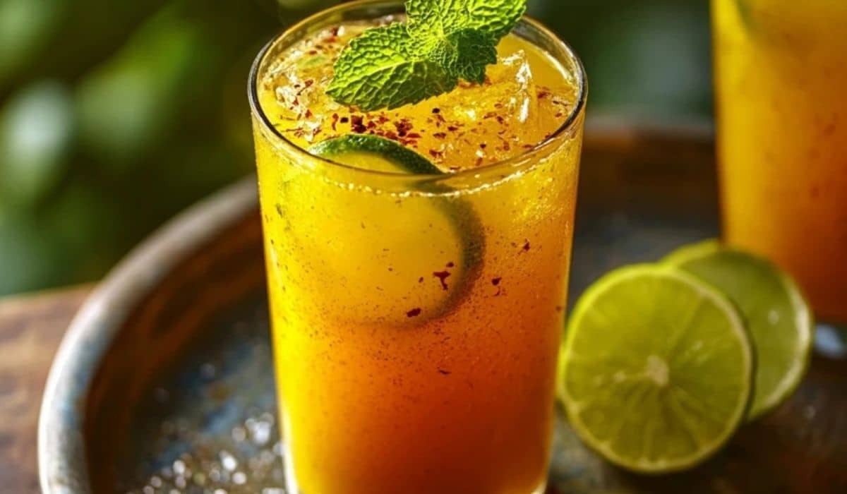 Tamarind Mango Mocktail served chilled with mint garnish in summer setting