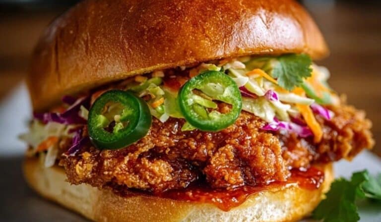 Thai Fried Chicken Sandwich served with pickled slaw and herbs