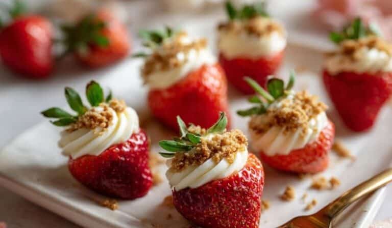 Cheesecake Deviled Strawberries served on white platter