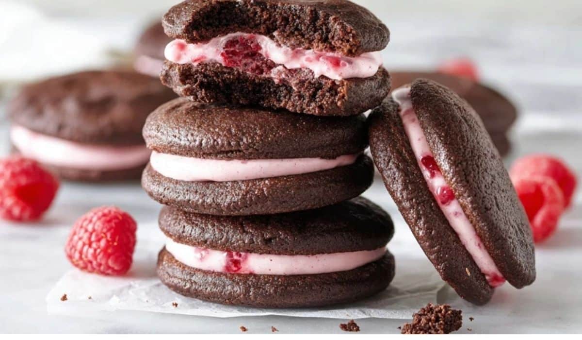 Chocolate Raspberry Sandwich Cookies stacked on elegant dessert plate