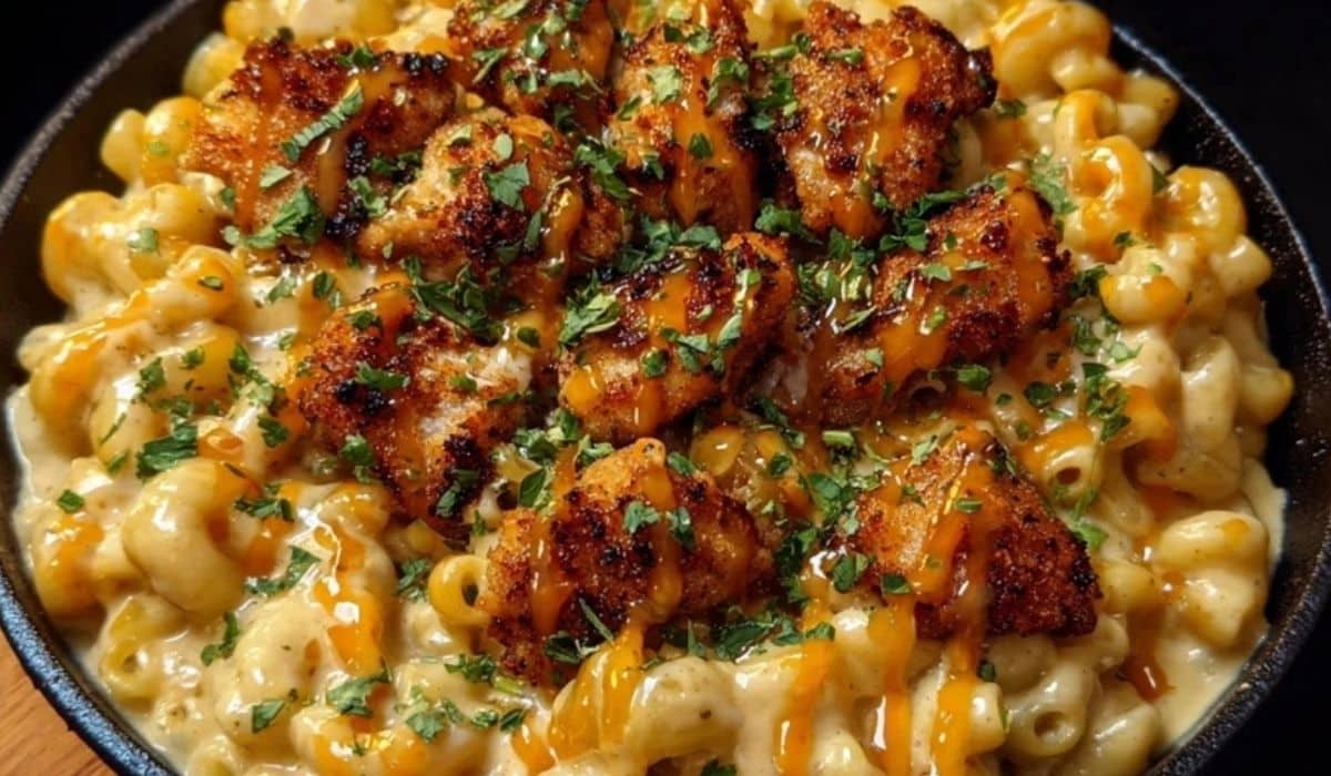 Creamy Honey Pepper Chicken Mac and Cheese Delight in a rustic skillet dinner scene