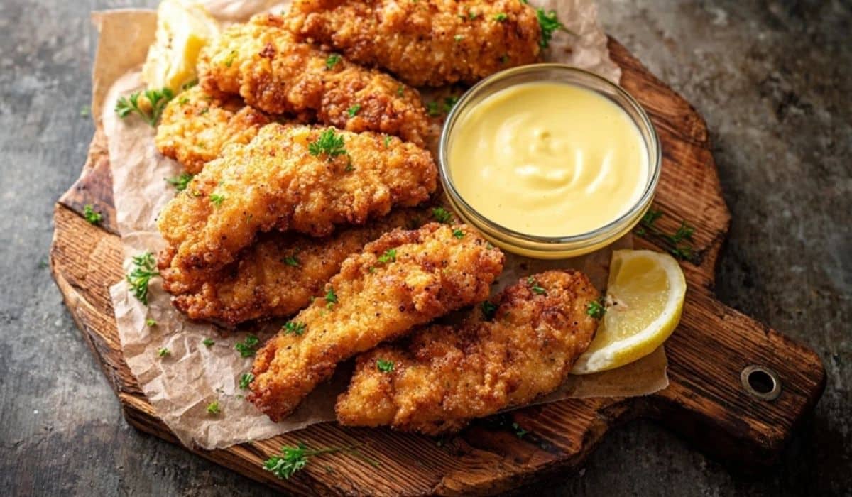Buttermilk Chicken Tenders served with sauces on a rustic board
