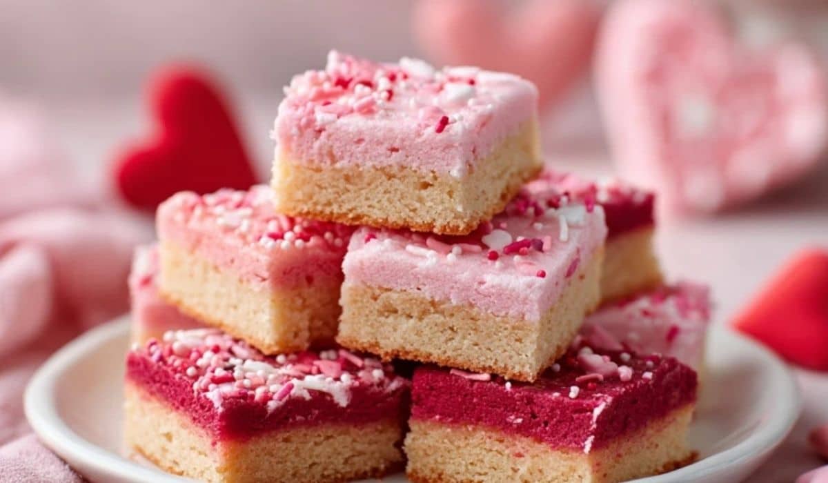 Chewy Valentine Sugar Cookie Bars served on a white plate with festive sprinkles