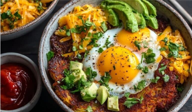 Crispy Hash Brown Breakfast Bowls served with eggs and avocado
