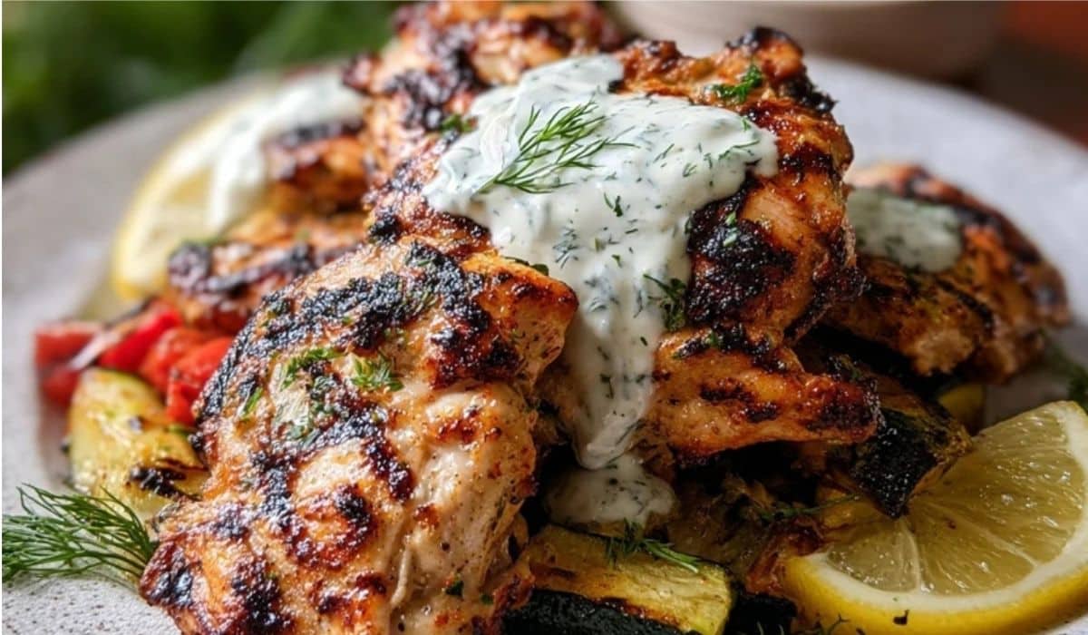 Greek Yogurt Marinated Chicken served on a ceramic plate with herbs