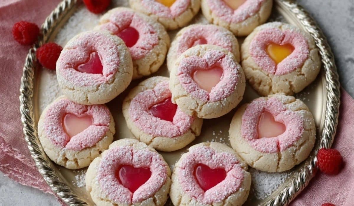 Pink Lemonade Thumbprint Cookies on a ceramic plate