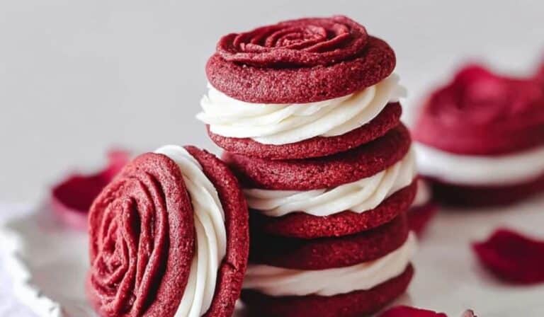Red Velvet Rose Sandwich Cookies on elegant plate