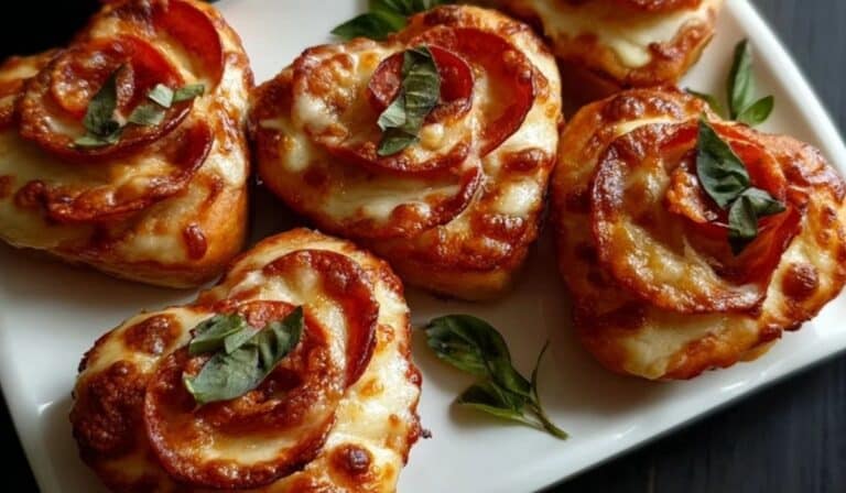 Romantic Heart-Shaped Pizza Roses served on a wooden board