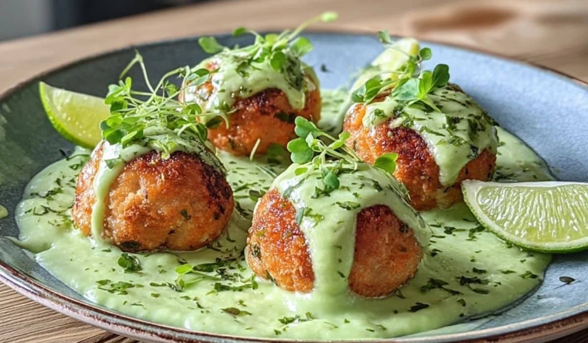 Salmon balls with creamy avocado sauce served on a rustic board