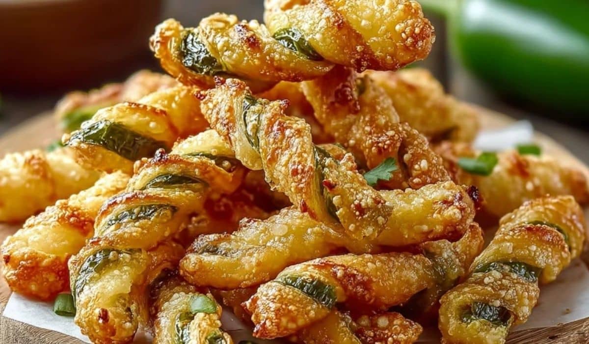 Spicy Jalapeno Twists served on a wooden tray with dip