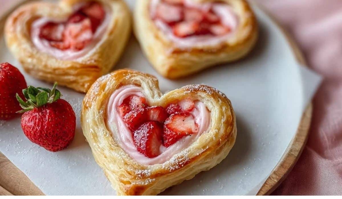 Featured image of Strawberry Cream Cheese Heart Danishes on a plate
