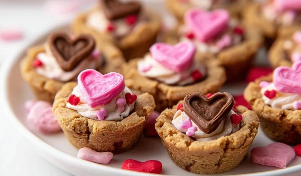Valentines Cookie Cups on rustic table with chocolate ganache